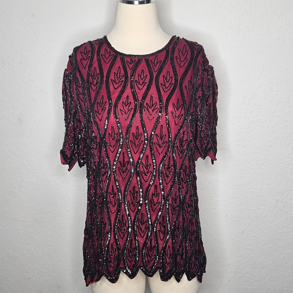 Stenay Petite Vintage Beaded Sequin Silk‎ Blouse Burgundy Black Scalloped PL